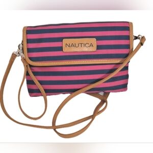 Nautica Bag Nylon Weatherproof Pink And Blue Striped Removable Crossbody NWOT